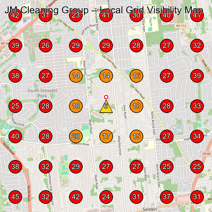 JM Cleaning Group GeoGrid visibility map for Life Insurance Agency in Port Jefferson Station